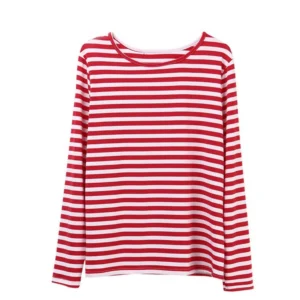Dourbesty Women Red White Striped Long Sleeve T-Shirts Loose Casual Shirt Female Basic O-Neck Tops Tee Autumn Pullovers New 2025