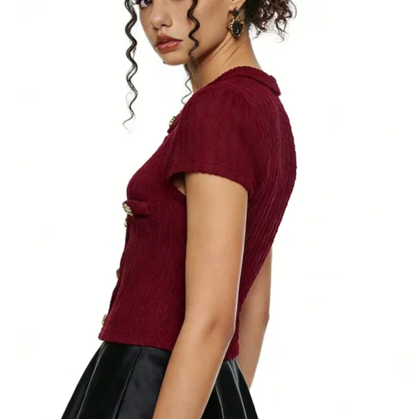 S0b6e94a40a83420b96ae71271c73d321M.webp 2026 New European & American Retro Elegant Burgundy Knit Cardigan - Short-Sleeve Slim Top, Versatile for Daily Outings