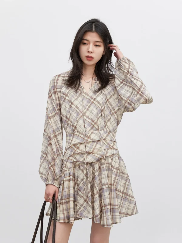 CHIC VEN Fashion Women Dresses V Neck Loose Casual New A Line Lace Up Long Sleeved Plaid Dress Puff Sleeve Spring Autumn 2026