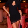 Lace Patchwork Hollow Out Bodycon Sheath High Collar Women Dresses Half Sleeves Outfits Sexy Club Fashion Female Mini Vestidos