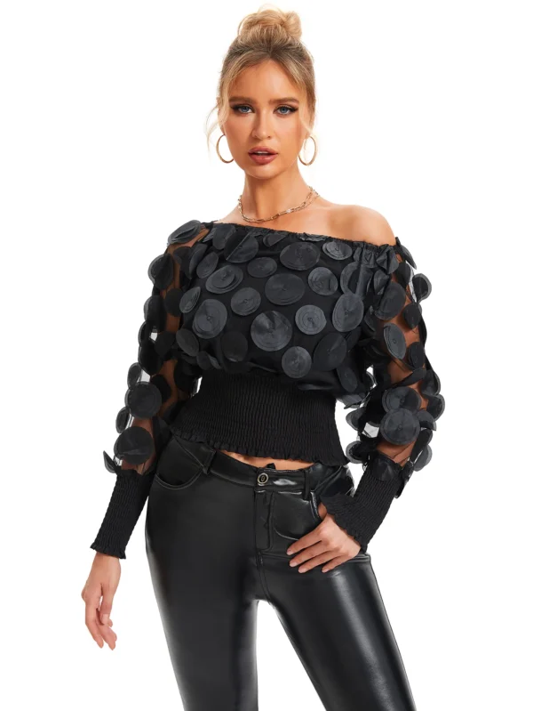 Applique Slant Shoulder Blouse, Elegant Long Sleeve Blouse For Spring & Fall Women's Clothing