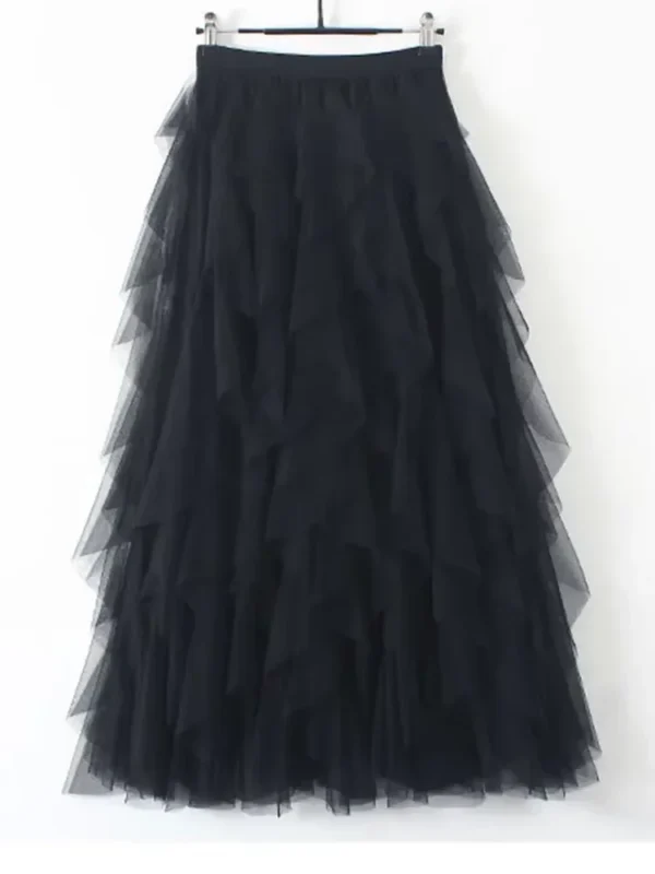 Women’s Elastic High Waist Tulle Mesh Irregular Layered Tutu Skirt Pleated A Line Long Maxi Skirt for Spring Summer