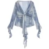 French Blue Ruffle V-neck Long Sleeve Chiffon Shirt for Women Spring Korean Chic Tie Dye Slimming Flare Sleeve Blouse Women Tops