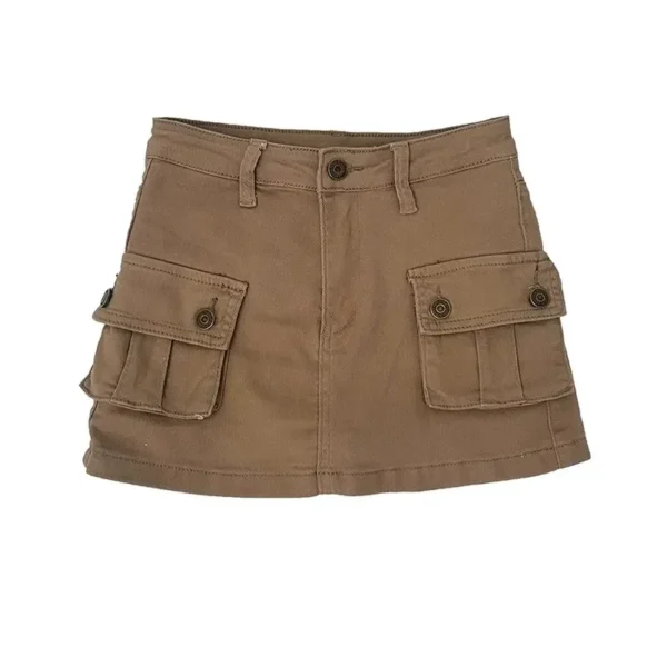 Women Retro Khaki Cargo Mini Skirt High Waist A Line Denim Workwear Short Skirt with Pockets