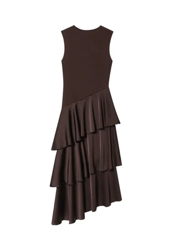 Women MIDI Tank Dress 2026 Summer Fashion Solid O-Neck Sleeveless Cascading Ruffle Female Elegant Street Dresses Clothes