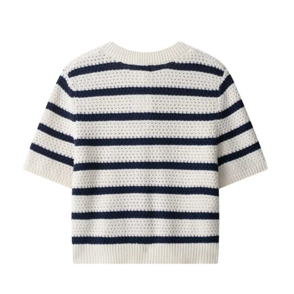 Women Vintage Striped Knit Cardigan Short Sleeves Single Breasted O-Neck Button-up Sweater Summer Casual Tops