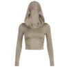 Women's Hooded Crop Tops Autumn Solid Color Long Sleeve Cowl Neck Slim Fit Short T-Shirt Streetwear Sporty Basics Tees