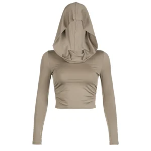 Women's Hooded Crop Tops Autumn Solid Color Long Sleeve Cowl Neck Slim Fit Short T-Shirt Streetwear Sporty Basics Tees
