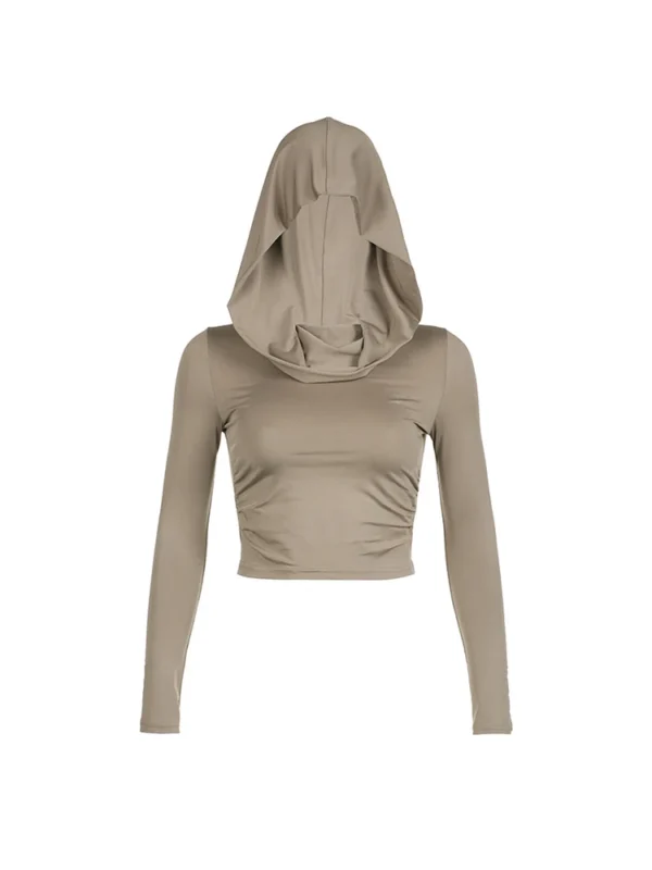 Women's Hooded Crop Tops Autumn Solid Color Long Sleeve Cowl Neck Slim Fit Short T-Shirt Streetwear Sporty Basics Tees