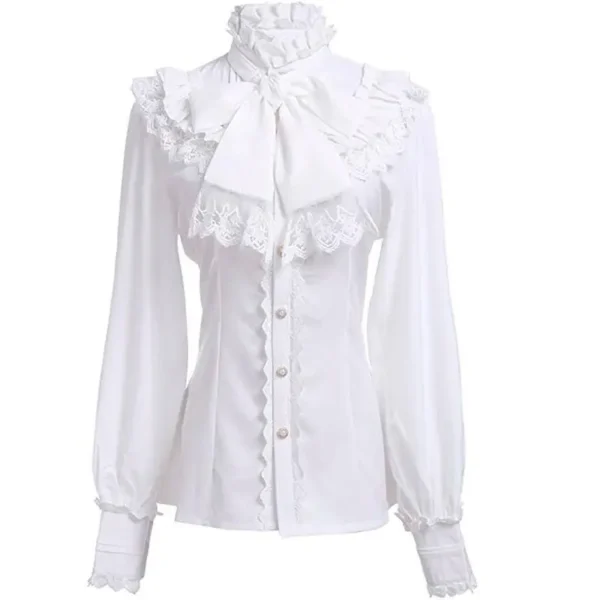 Women's Vintage Ruffle Collar Shirt 2026 Spring New Arrival High Neck Lace Trim Button Down Shirt Elegant Gothic Blouse Tops