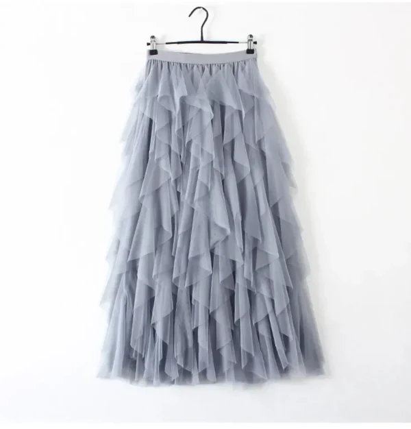 Women’s Elastic High Waist Tulle Mesh Irregular Layered Tutu Skirt Pleated A Line Long Maxi Skirt for Spring Summer