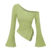 women's New off shoulder cross long sleeved slim fit casual street style asymmetrical elegant T-shirt trumpet sleeve top