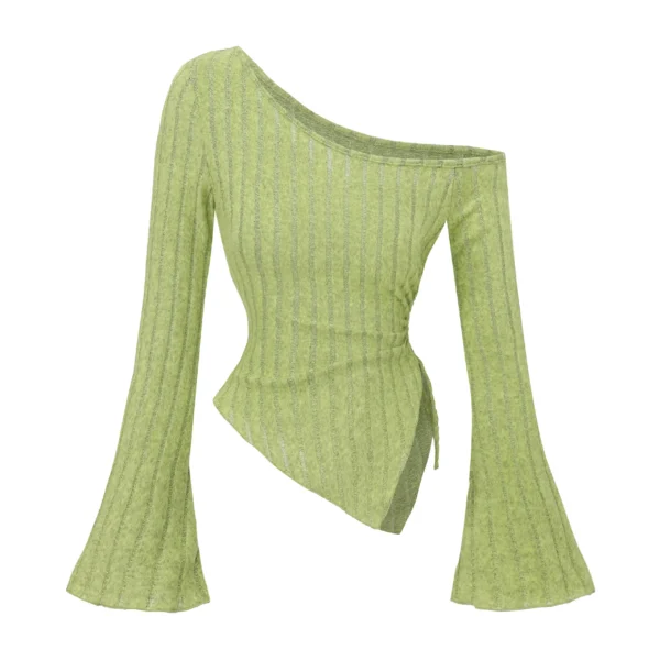 women's New off shoulder cross long sleeved slim fit casual street style asymmetrical elegant T-shirt trumpet sleeve top