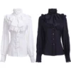 Women's Vintage Ruffle Collar Shirt 2026 Spring New Arrival High Neck Lace Trim Button Down Shirt Elegant Gothic Blouse Tops