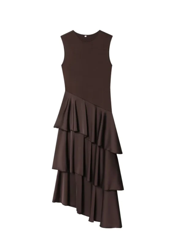 Women MIDI Tank Dress 2026 Summer Fashion Solid O-Neck Sleeveless Cascading Ruffle Female Elegant Street Dresses Clothes