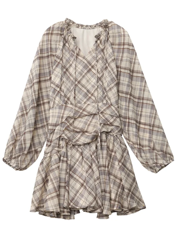 CHIC VEN Fashion Women Dresses V Neck Loose Casual New A Line Lace Up Long Sleeved Plaid Dress Puff Sleeve Spring Autumn 2026