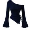 women's New off shoulder cross long sleeved slim fit casual street style asymmetrical elegant T-shirt trumpet sleeve top