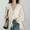 CHIC VEN Women Shirt Loose Casual Ruffled Edges Female Blouses V Neck Lace Up Mid Length Woman Shirts Spring Summer 2026