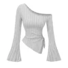 women's New off shoulder cross long sleeved slim fit casual street style asymmetrical elegant T-shirt trumpet sleeve top