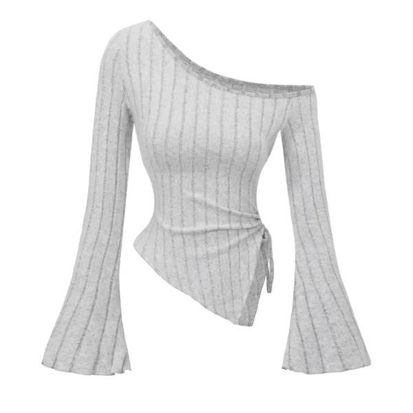 women's New off shoulder cross long sleeved slim fit casual street style asymmetrical elegant T-shirt trumpet sleeve top