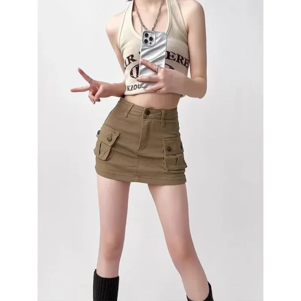 Women Retro Khaki Cargo Mini Skirt High Waist A Line Denim Workwear Short Skirt with Pockets