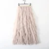 Women’s Elastic High Waist Tulle Mesh Irregular Layered Tutu Skirt Pleated A Line Long Maxi Skirt for Spring Summer
