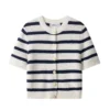Women Vintage Striped Knit Cardigan Short Sleeves Single Breasted O-Neck Button-up Sweater Summer Casual Tops