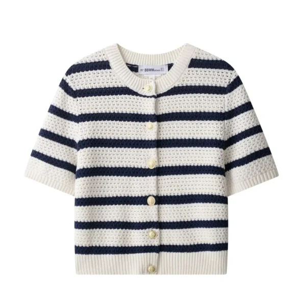 Women Vintage Striped Knit Cardigan Short Sleeves Single Breasted O-Neck Button-up Sweater Summer Casual Tops