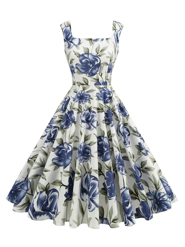 2025 New Hepburn Vintage Lemon Print 50s Pinup Women Cotton Dresses Square Neck Summer Sleeveless High Waist Elegant Party Dress