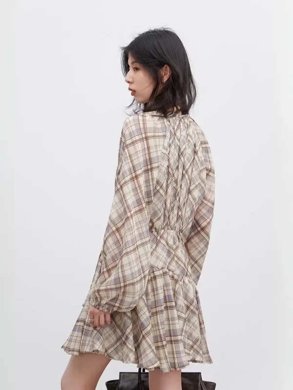 CHIC VEN Fashion Women Dresses V Neck Loose Casual New A Line Lace Up Long Sleeved Plaid Dress Puff Sleeve Spring Autumn 2026