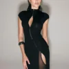 CNYISHE Short Sleeve O Neck Women Dresses Split Metal Buckle Solid Sheath Sexy Club Fashion Evening Party Outfits Female Bodycon