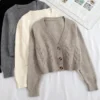 2026 V Neck Cropped Cardigan Women Long Sleeve Twist Knitted Sweater Coats Autumn Winter Keep Warm Korean Fashion Cardigan