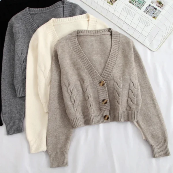 2026 V Neck Cropped Cardigan Women Long Sleeve Twist Knitted Sweater Coats Autumn Winter Keep Warm Korean Fashion Cardigan