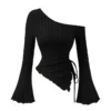 women's New off shoulder cross long sleeved slim fit casual street style asymmetrical elegant T-shirt trumpet sleeve top