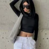 Women's Hooded Crop Tops Autumn Solid Color Long Sleeve Cowl Neck Slim Fit Short T-Shirt Streetwear Sporty Basics Tees