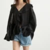 CHIC VEN Women Shirt Loose Casual Ruffled Edges Female Blouses V Neck Lace Up Mid Length Woman Shirts Spring Summer 2026