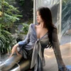 French Blue Ruffle V-neck Long Sleeve Chiffon Shirt for Women Spring Korean Chic Tie Dye Slimming Flare Sleeve Blouse Women Tops
