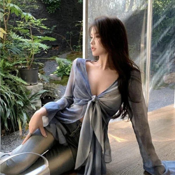 French Blue Ruffle V-neck Long Sleeve Chiffon Shirt for Women Spring Korean Chic Tie Dye Slimming Flare Sleeve Blouse Women Tops