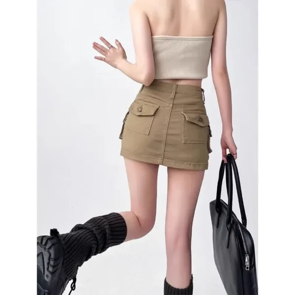 Women Retro Khaki Cargo Mini Skirt High Waist A Line Denim Workwear Short Skirt with Pockets
