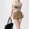 Women Retro Khaki Cargo Mini Skirt High Waist A Line Denim Workwear Short Skirt with Pockets