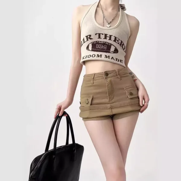 Women Retro Khaki Cargo Mini Skirt High Waist A Line Denim Workwear Short Skirt with Pockets