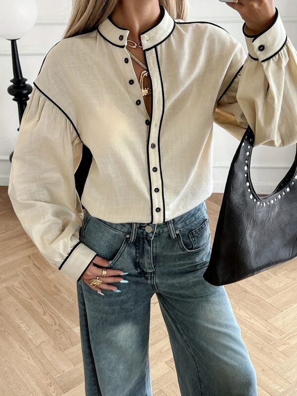 Women's Contrast Trim Stand Collar Button-Up Shirt