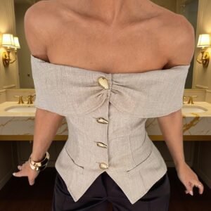 0bf7f654767e0a2d8ead8ac871db8b99.jpg Off-Shoulder Blouse with Metallic Button Detail