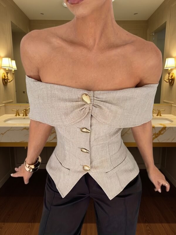 0bf7f654767e0a2d8ead8ac871db8b99.jpg Off-Shoulder Blouse with Metallic Button Detail