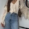 Ruffle Trim Button-Front Long Sleeve Blouse