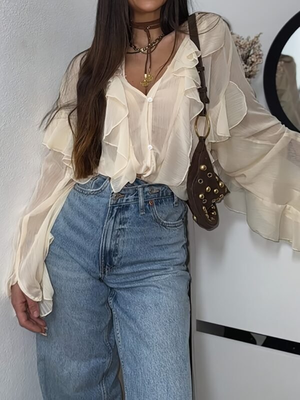 Ruffle Trim Button-Front Long Sleeve Blouse