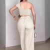 Apricot 3D Floral Off-Shoulder Pants Set