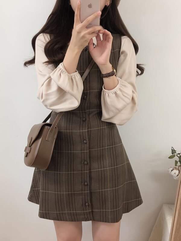 Women's Long Sleeve Shirt & Plaid Vest Dress Two-Piece Set