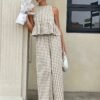 Women's Stylish Gingham Two - Piece Set: Sleeveless Peplum Top & Wide - Leg Trousers