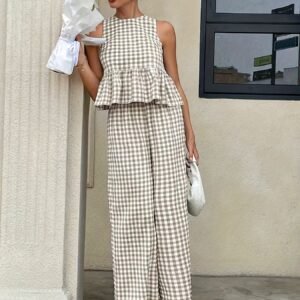 Women's Stylish Gingham Two - Piece Set: Sleeveless Peplum Top & Wide - Leg Trousers